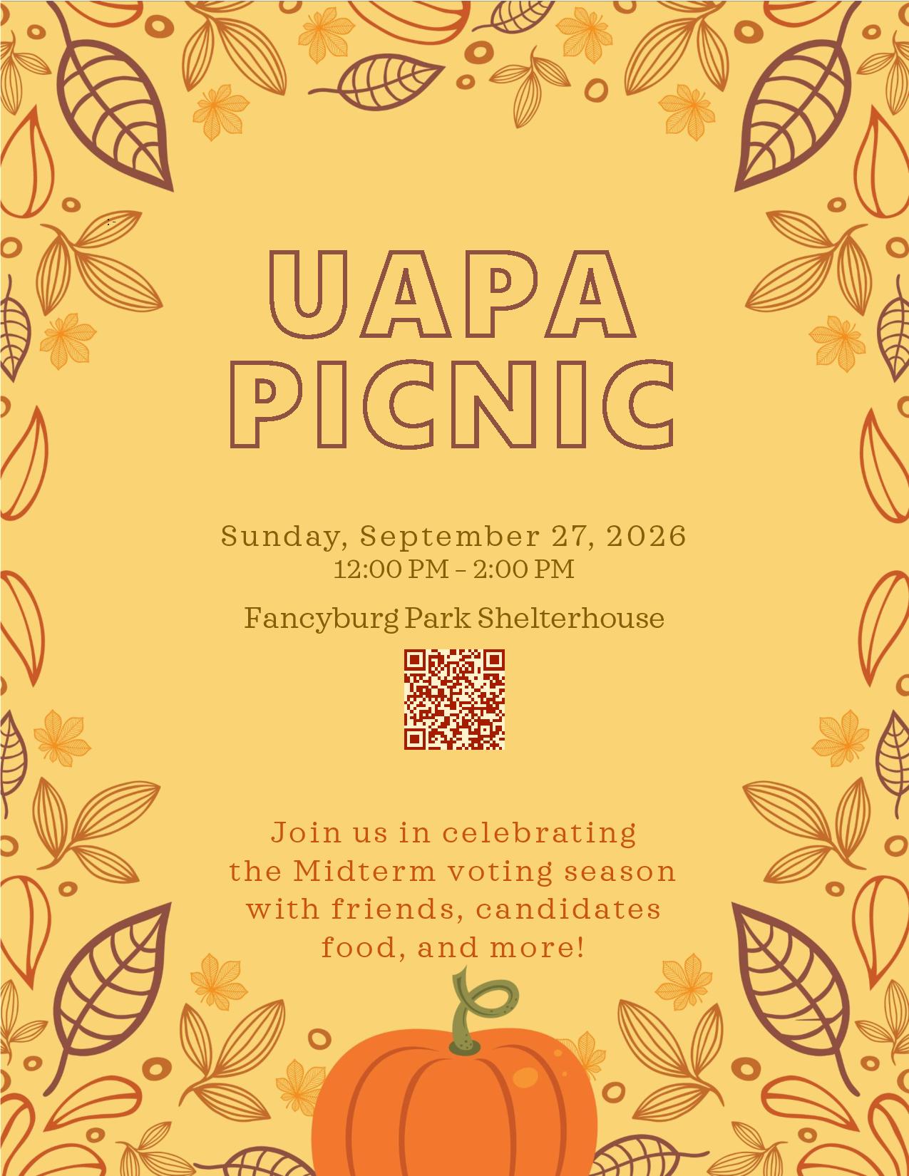 Flyer for 2026 UAPA Picnic on September 27th from 12pm to 2pm at Fancyburg Park Shelterhouse